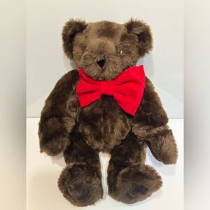 Vermont Teddy Bear Plush Classic Dk Chocolate Brown Lge Red Bow Tie 16" Jointed